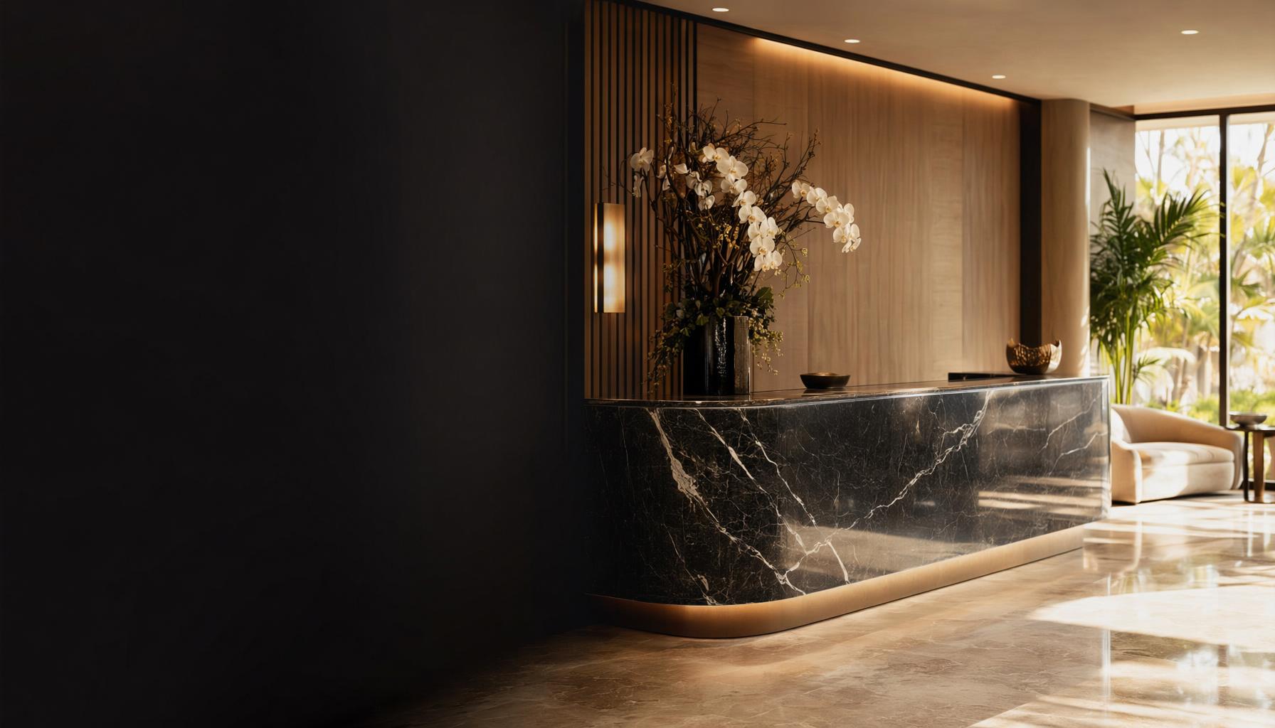 Premium private practice reception with warm lighting and polished surfaces